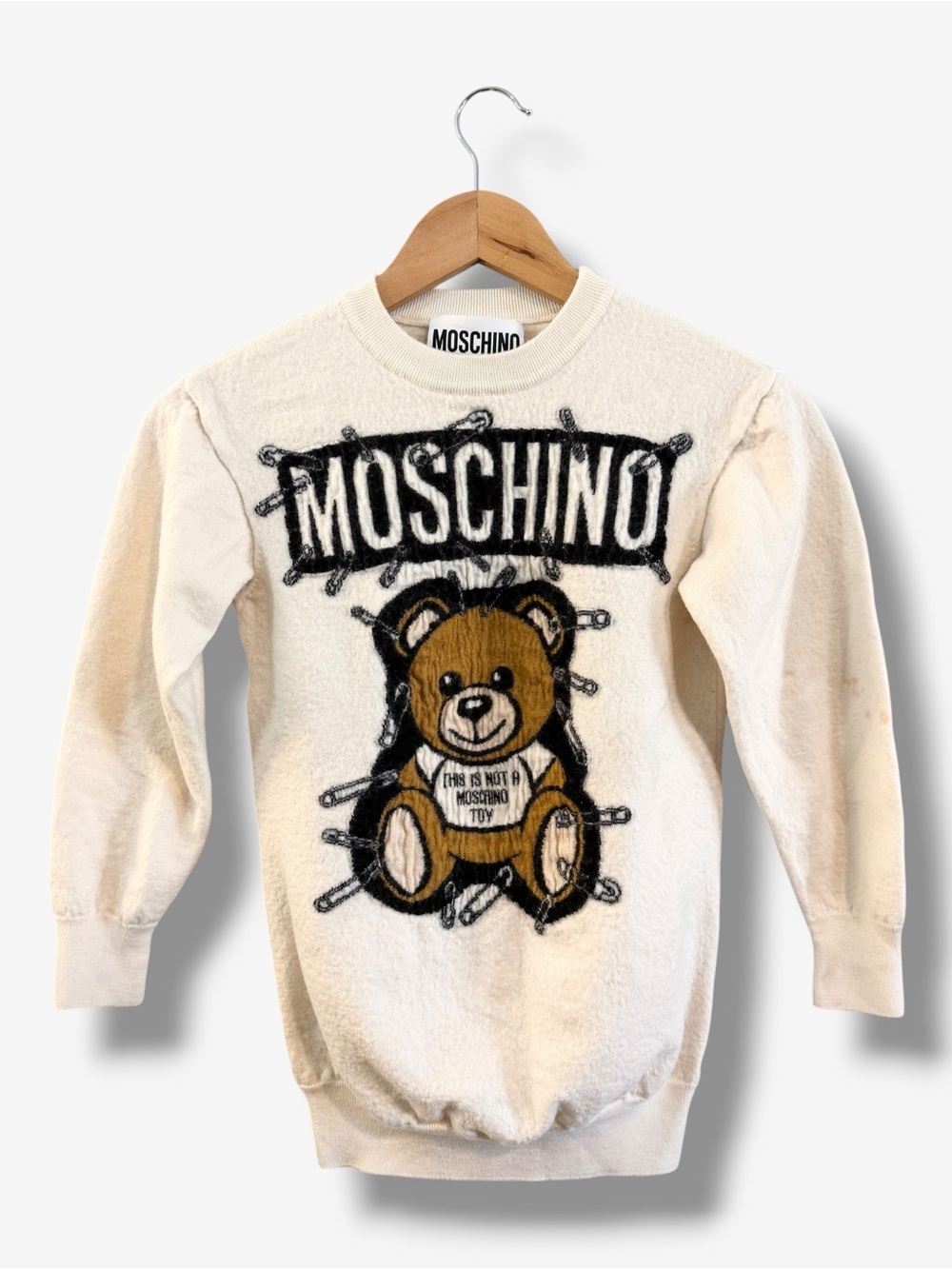 Moschino Couture Teddy Bear Virgin Wool Sweater XXS Cream Made Italy FLAWED